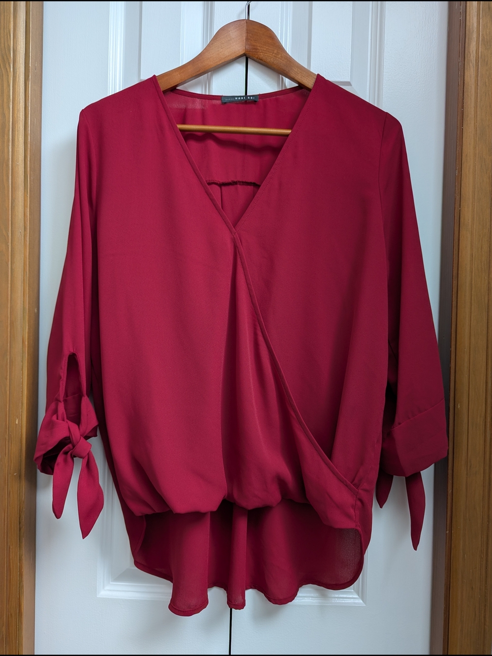 West Kei Red Wrap-Style Blouse with Tie Sleeves